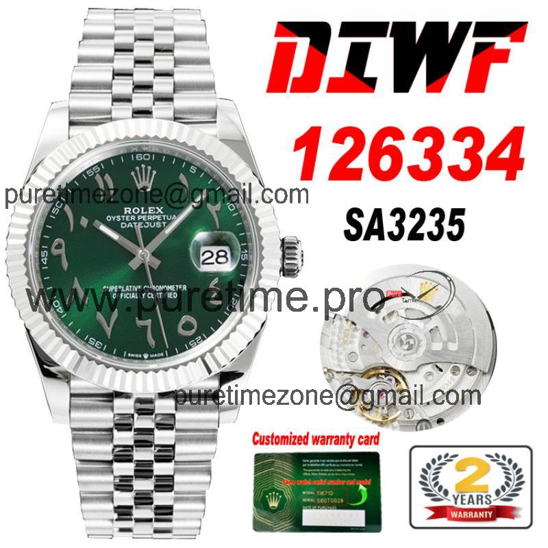 Datejust 41 126334 A3235 Automatic Mens Watch Best Edition DIWF Green Arabic Script Dial 904L Jubilee Steel Bracelet