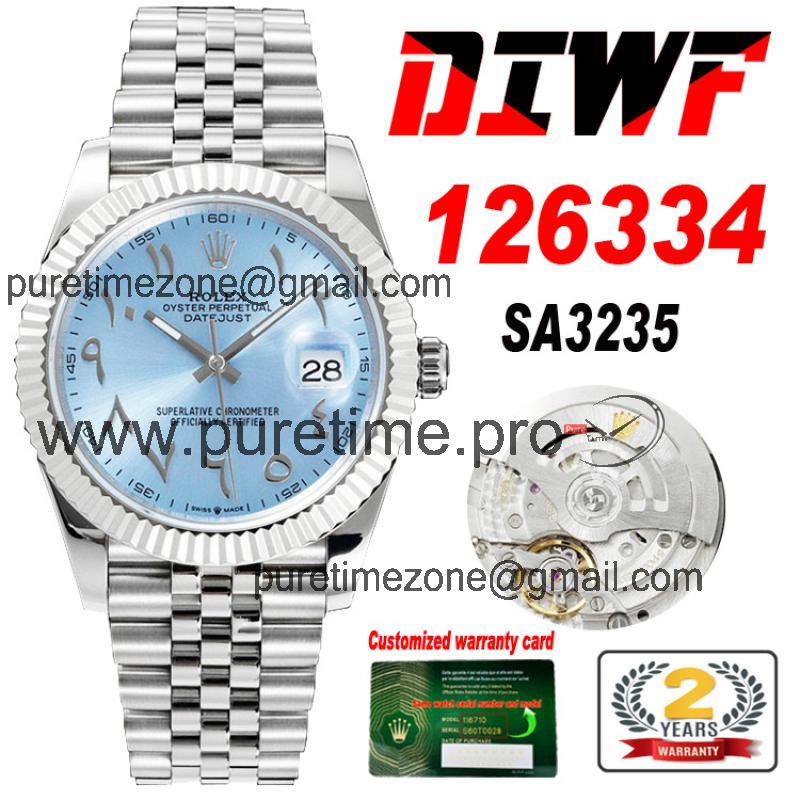 Datejust 41 126334 A3235 Automatic Mens Watch Best Edition DIWF Ice Blue Arabic Script Dial 904L Jubilee Steel Bracelet