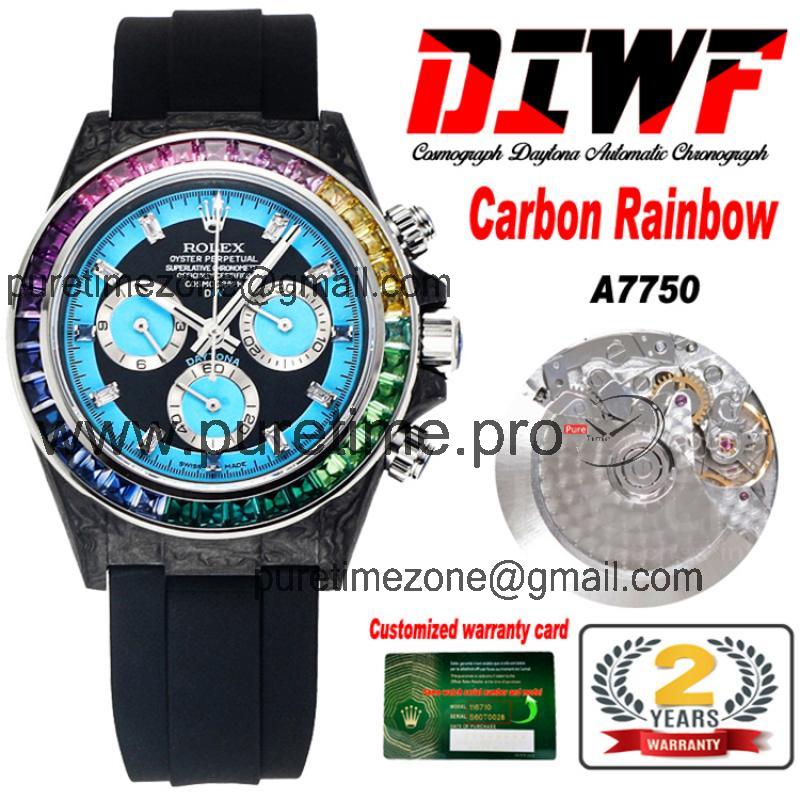 Daytona A7750 Automatic Chronograph Ladies Watch Best Editon DIWF Carbon Rainbow Diamond Bezel Blue Dial Rubber Strap