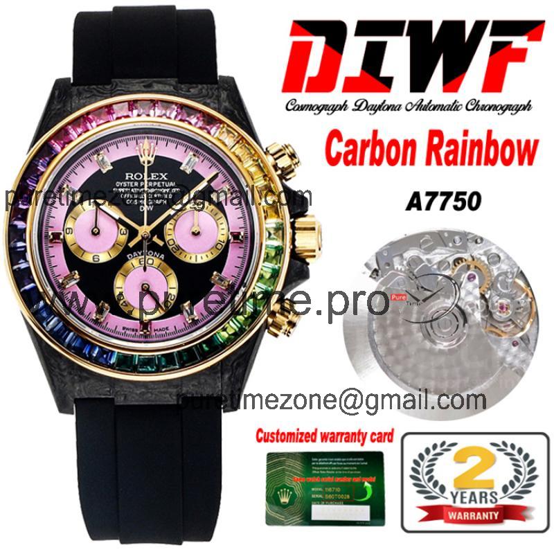 Daytona A7750 Automatic Chronograph Ladies Watch Best Editon DIWF Carbon Rainbow Diamond Black Pink Dial Rubber Strap