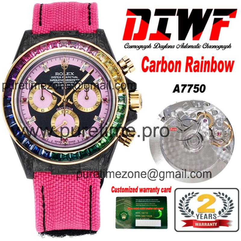 Daytona A7750 Automatic Chronograph Ladies Watch Best Editon DIWF Carbon Rainbow Diamond Black Dial Pink Nylon