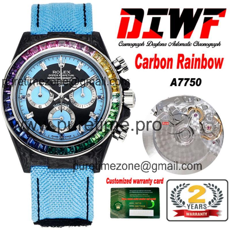 Daytona A7750 Automatic Chronograph Ladies Watch Best Editon DIWF Carbon Rainbow Diamond Black Dial Blue Nylon