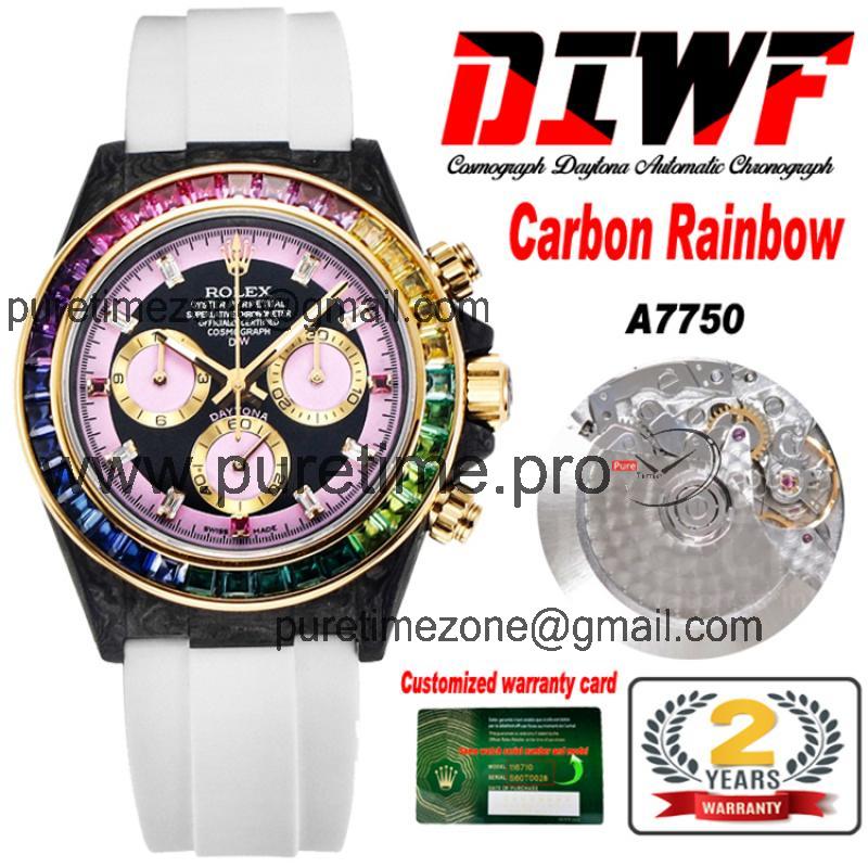 Daytona A7750 Automatic Chronograph Ladies Watch Best Editon DIWF Carbon Rainbow Diamond Black Dial White Rubber