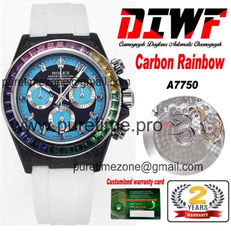 Daytona A7750 Automatic Chronograph Ladies Watch Best Editon DIWF Carbon Rainbow Diamond Blue Dial White Rubber