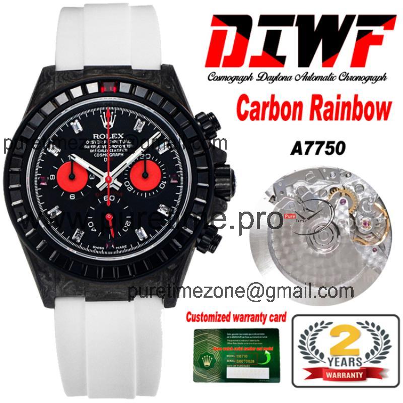 Daytona A7750 Automatic Chronograph Ladies Watch Best Editon DIWF Carbon Black Diamond Red Dial White Rubber