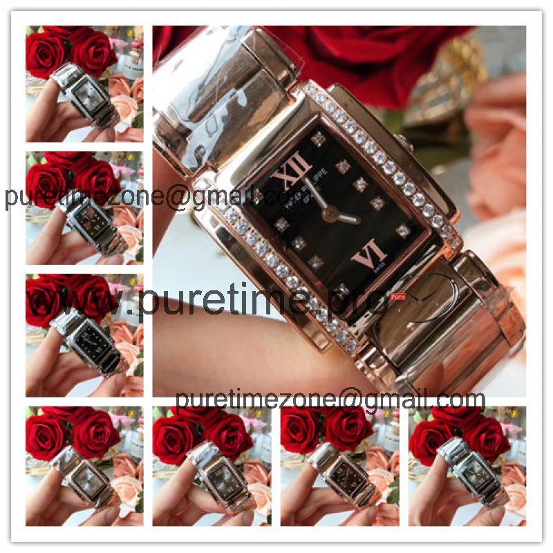 Replica Twenty~4 Swiss Quartz Movement Womens Watch Black Dial Diamonds Case Rose Gold E07