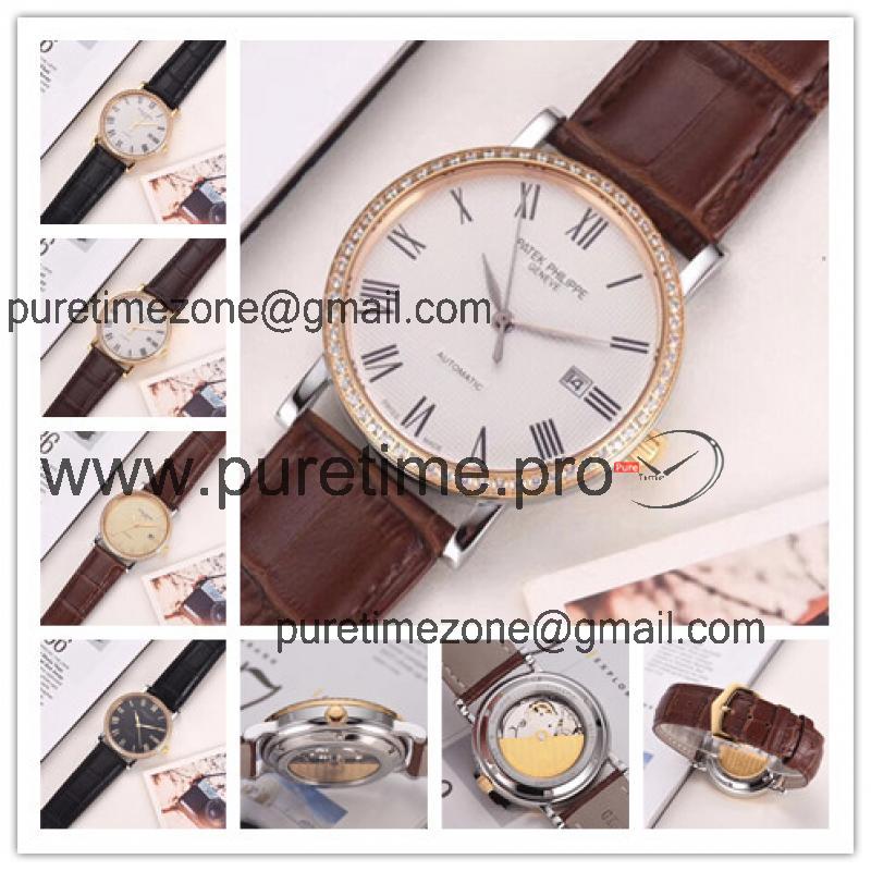 Replica Calatrava A21j Automatic Movement Mens Watch White Dial Diamonds Case Leather Strap A E10