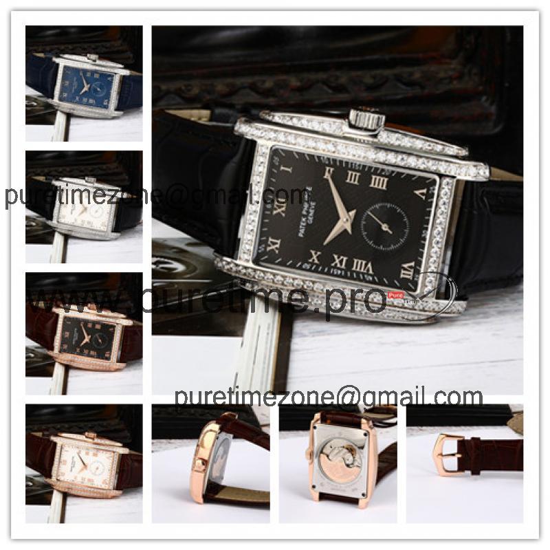 Replica Gondolo A21j Automatic Movement Mens Watch Black Dial Diamonds Case Leather Strap E12