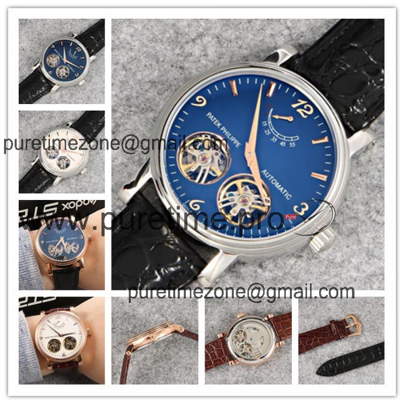 Replica Grand Complications A21j Automatic Movement Mens Watch Blue Double tourbillon Dial Leather Strap A E23