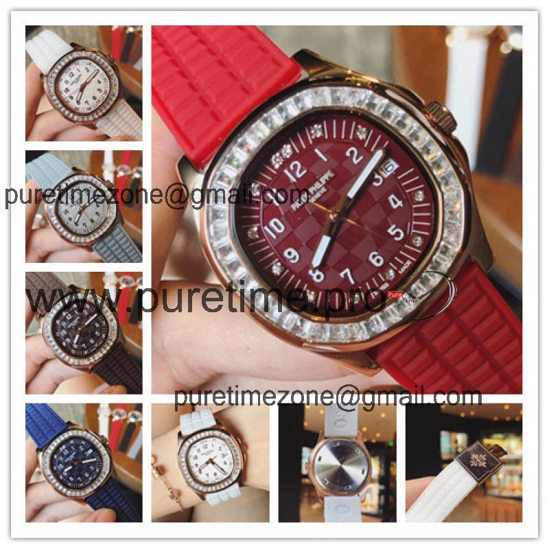 Replica Nautilus Japan Quartz Movement Womens Watch Red Dial Diamonds Case Rubber Strap E24