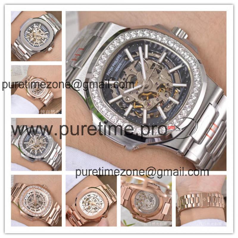 Replica Nautilus A4813 Automatic Movement Mens Watch Skeleton Dial Diamonds Case Stainless Steel E31