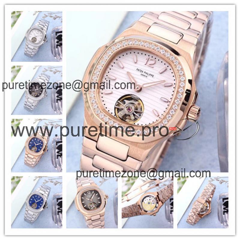 Replica Nautilus A21j Automatic Movement Womens Watch White Tourbillon Dial Diamonds Case Rose Gold A E34