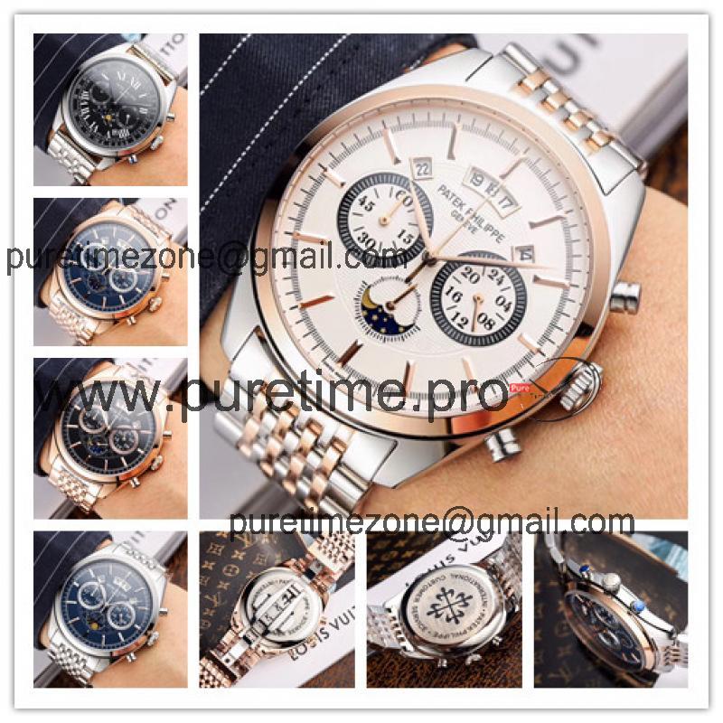 Replica Grand Complications Japan OS Quartz Chronograph Movement Mens Watch White Dial Two Tone Rose Gold A E35