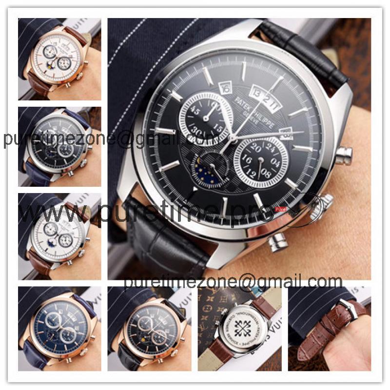 Replica Grand Complications Japan OS Quartz Chronograph Movement Mens Watch Black Dial Leather Strap B E35