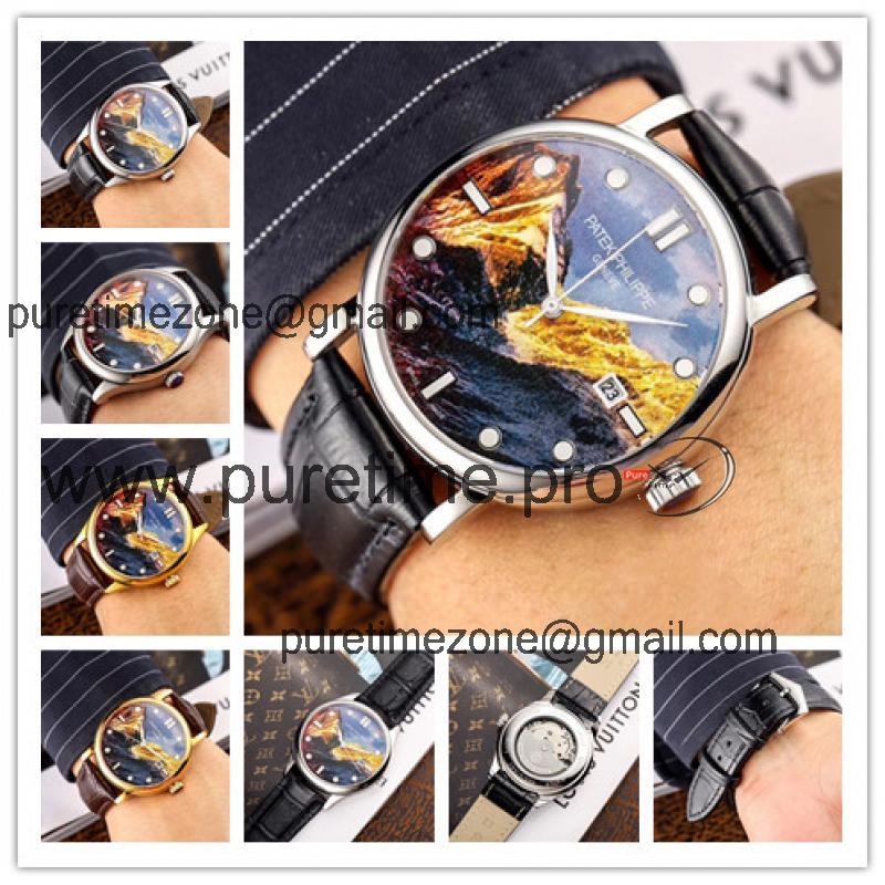 Replica Calatrava Japan Miyota 8215 Automatic Movement Mens Watch Painting Dial Leather Strap E36