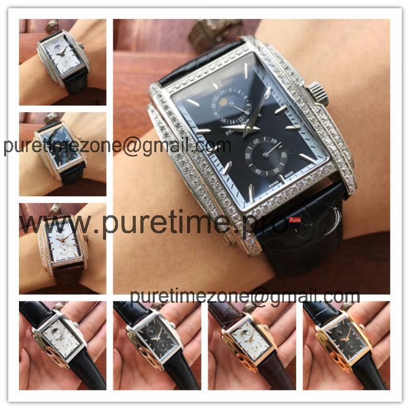 Replica Gondolo A21j Automatic Movement Mens/Womens Watch Black Dial Diamonds Case Leather Strap A E46