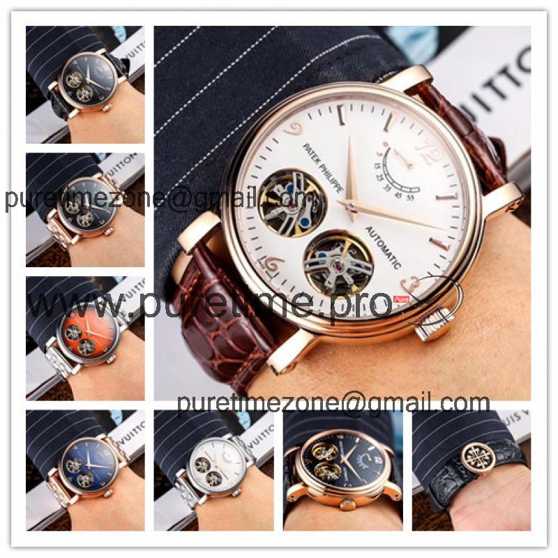 Replica Grand Complications A21j Automatic Movement Mens Watch White Double tourbillon Dial Leather Strap E80