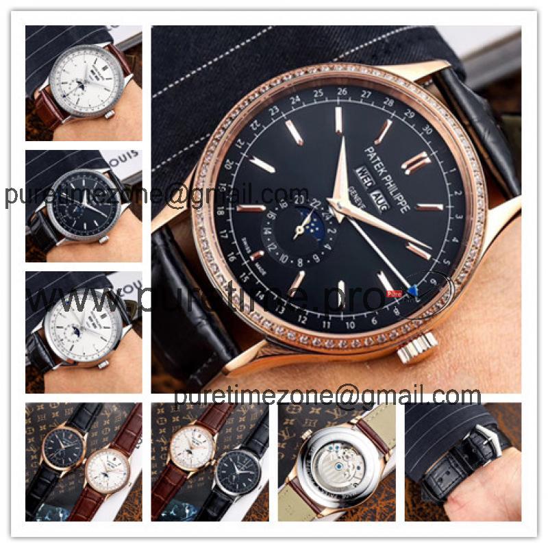 Replica Grand Complications A21j Automatic Movement Mens Watch Black Dial Diamonds Case Leather Strap E83