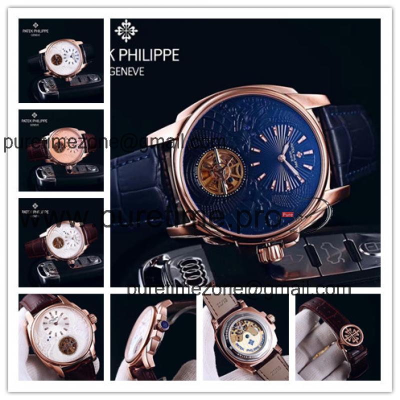 Replica Grand Complications A21j Automatic Movement Mens Watch Blue Tourbillon Dial Leather Strap A E109