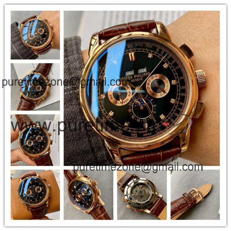 Replica Grand Complications A21j Automatic Movement Mens Watch Black Dial Leather Strap E117