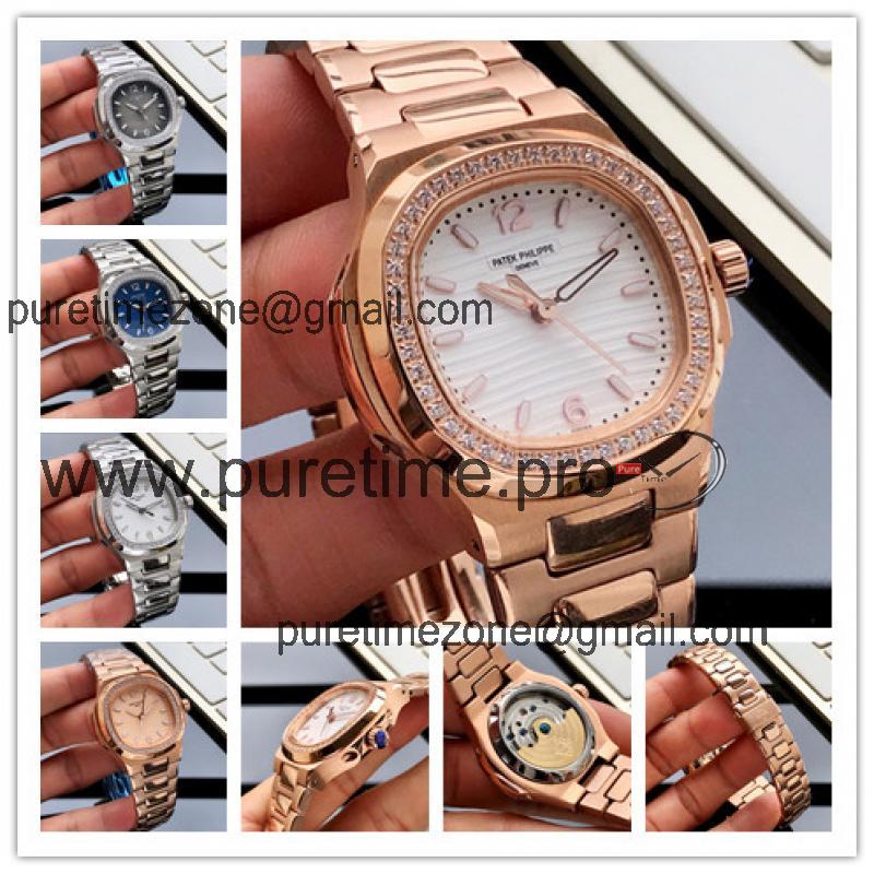 Replica Nautilus A21j Automatic Movement Womens Watch White Dial Diamonds Case Rose Gold E124