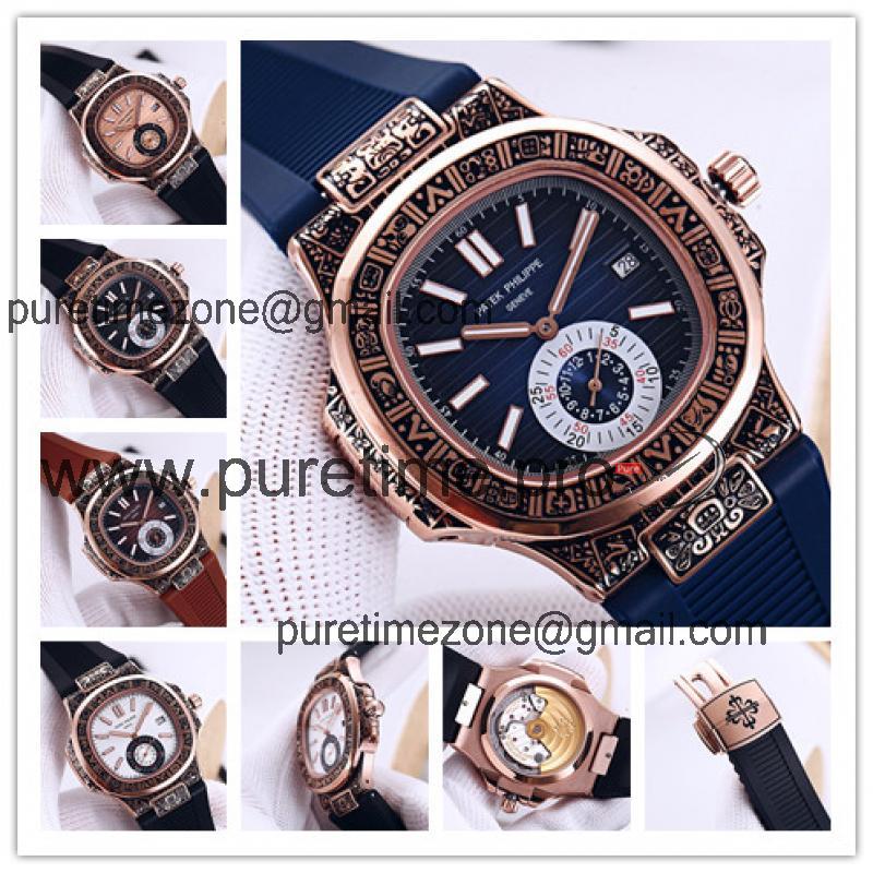 Replica Nautilus A21j Automatic Movement Mens Watch Blue Dial Vintage Engraving Rose Gold Case Rubber Strap A E128