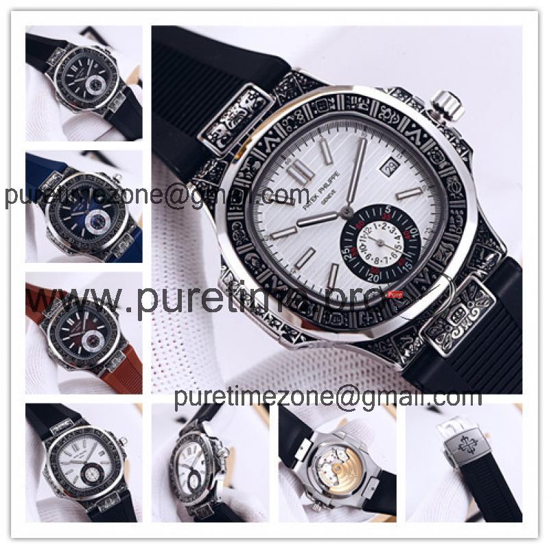 Replica Nautilus A21j Automatic Movement Mens Watch White Dial Vintage Engraving Steel Case Rubber Strap B E128