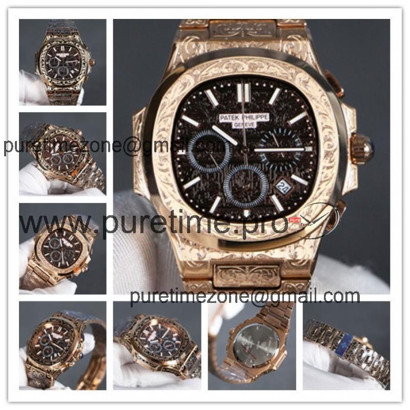 Replica Nautilus Japan Quartz Movement Mens Watch Black Dial Vintage Engraving Rose Gold Bracelet B E140