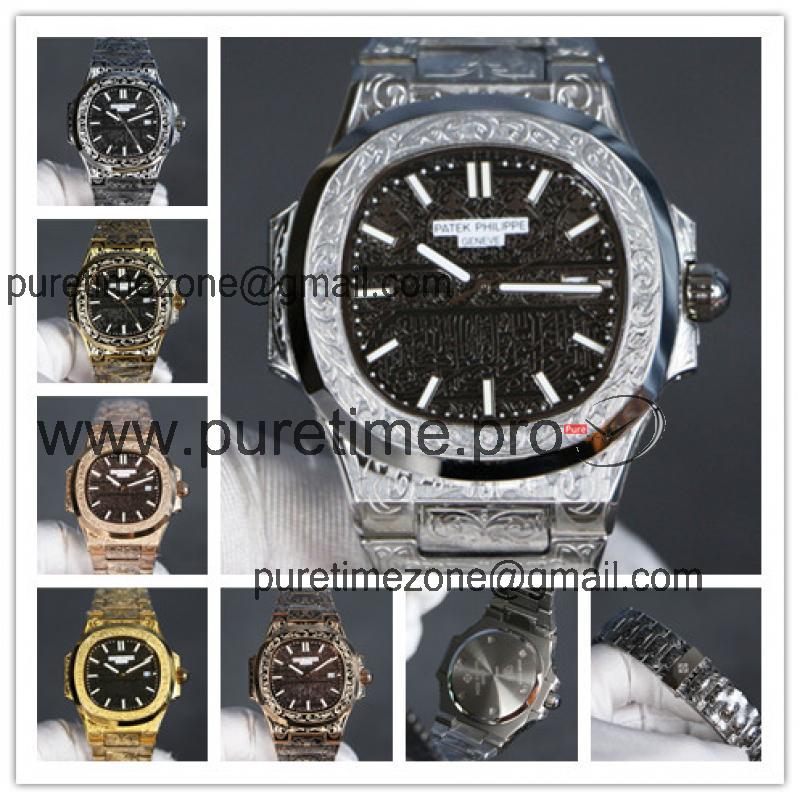 Replica Nautilus Japan Quartz Movement Mens Watch Black Dial Vintage Engraving Steel Bracelet E141