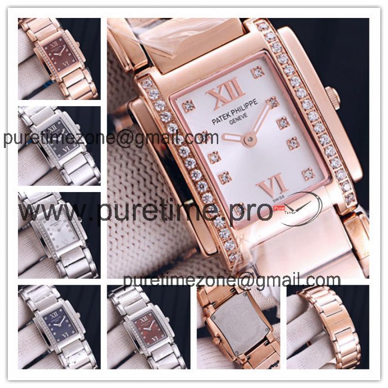 Replica Twenty~4 Swiss Quartz Movement Womens Watch White Dial Diamonds Case Rose Gold E142