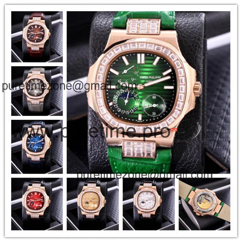 Replica Nautilus A21j Automatic Movement Mens Watch Green Dial Diamonds Case Leather Strap C E146