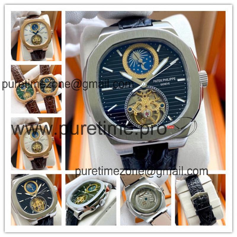 Replica Nautilus A21j Automatic Movement Mens Watch Blue Tourbillon Dial Leather Strap E168