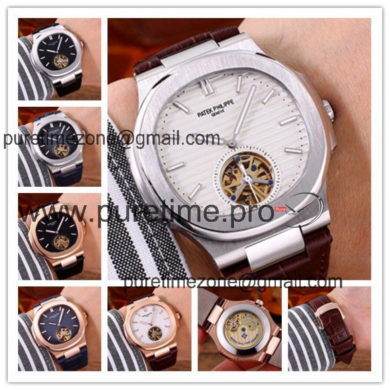 Replica Nautilus A21j Automatic Movement Mens Watch White Tourbillon Dial Leather Strap A G11