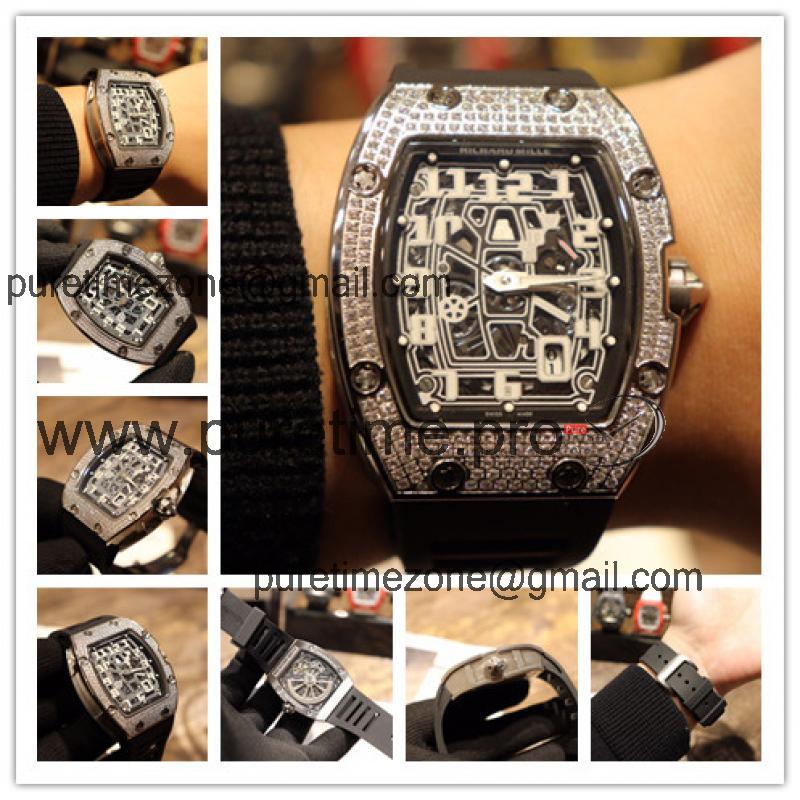 Replica RM67-01 Japan Miyota 8215 Automatic Movement Mens Watch Skeleton Dial Diamonds Case Rubber Strap E10