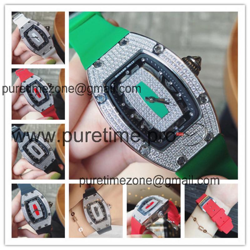 Replica RM007-1 A21j Automatic Movement Womens Watch Skeleton Diamonds Dial Diamonds Case Rubber Strap A E23