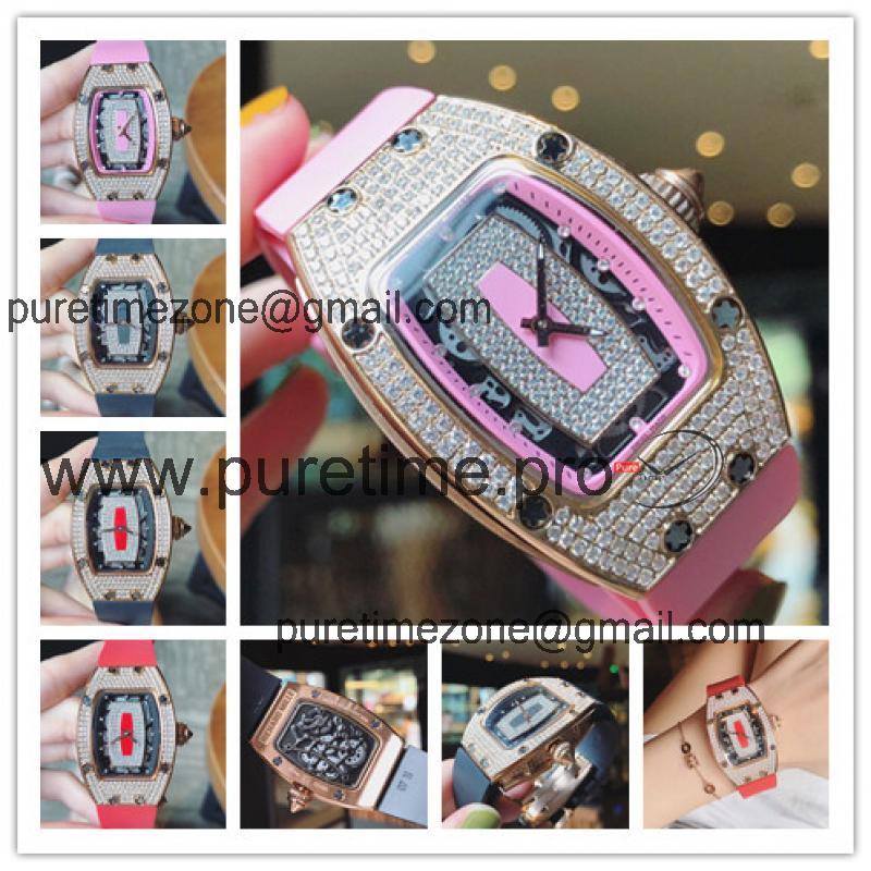 Replica RM007-1 A21j Automatic Movement Womens Watch Skeleton Diamonds Dial Diamonds Case Rubber Strap B E23