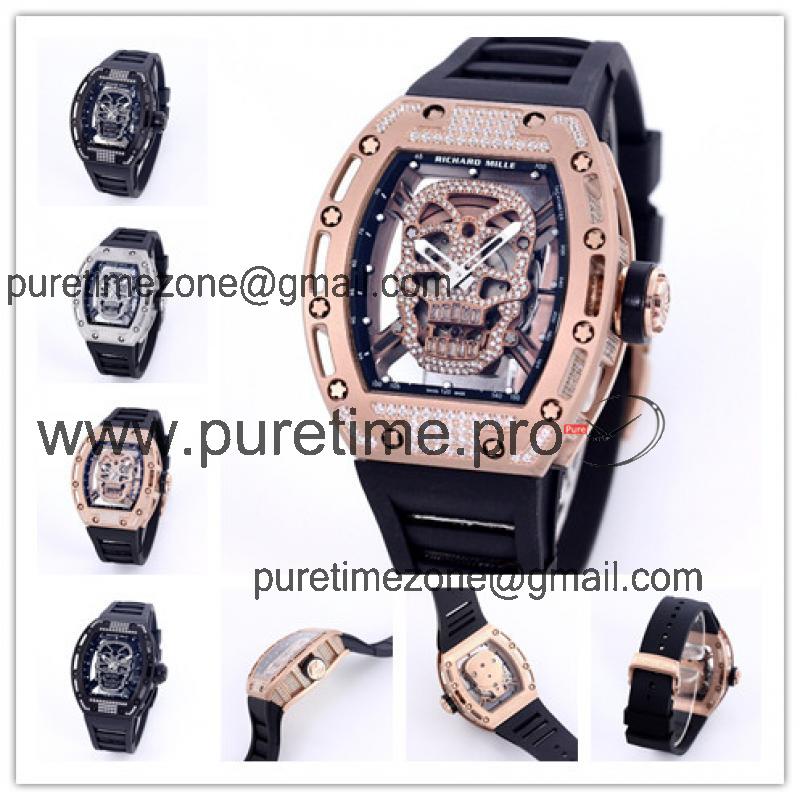 Replica RM52-01 A21j Automatic Movement Mens Watch Skull Diamonds Dial Diamonds Case Rubber Strap E39