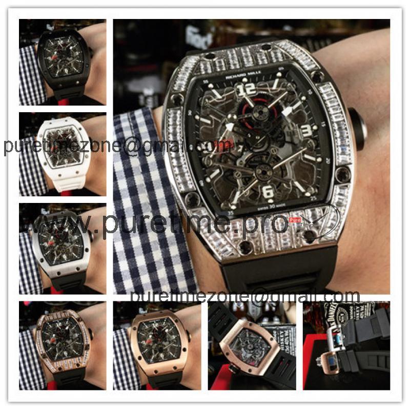 Replica RM012 A21j Automatic Movement Mens Watch Skeleton Dial Diamonds Case Rubber Strap E42