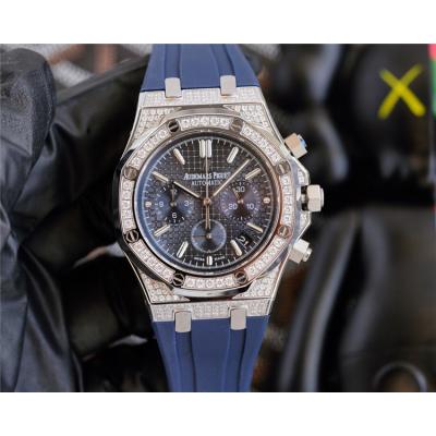 Replica Royal Oak Offshore Japan Quartz chronograph Movement Mens Watch Silver Dial Diamonds Case Rubber Strap A E213