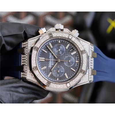 Replica Royal Oak Offshore Japan Quartz chronograph Movement Mens Watch Silver Dial Diamonds Case Rubber Strap A E213