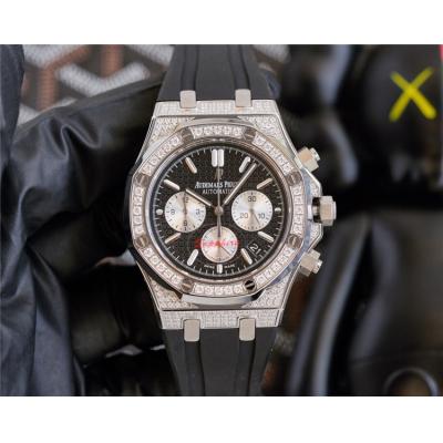 Replica Royal Oak Offshore Japan Quartz chronograph Movement Mens Watch Silver Dial Diamonds Case Rubber Strap A E213