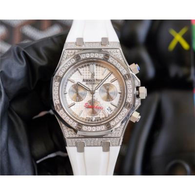 Replica Royal Oak Offshore Japan Quartz chronograph Movement Mens Watch Silver Dial Diamonds Case Rubber Strap A E213