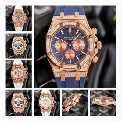 Replica Royal Oak Offshore Japan Quartz chronograph Movement Mens Watch Blue Dial Diamonds Case Rubber Strap B E213