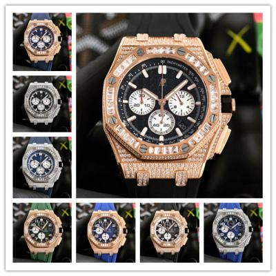 Replica Royal Oak Offshore Japan Quartz chronograph Movement Mens Watch Black Dial Diamonds Case Rubber Strap E220