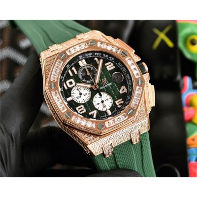 Replica Royal Oak Offshore Japan Quartz chronograph Movement Mens Watch Black Dial Diamonds Case Rubber Strap E220