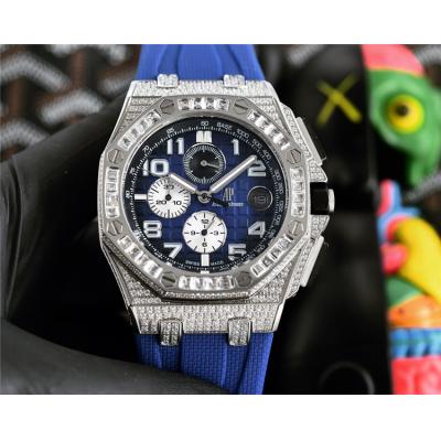 Replica Royal Oak Offshore Japan Quartz chronograph Movement Mens Watch Black Dial Diamonds Case Rubber Strap E220