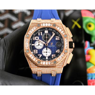 Replica Royal Oak Offshore Japan Quartz chronograph Movement Mens Watch Black Dial Diamonds Case Rubber Strap E220