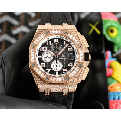 Replica Royal Oak Offshore Japan Quartz chronograph Movement Mens Watch Black Dial Diamonds Case Rubber Strap E220