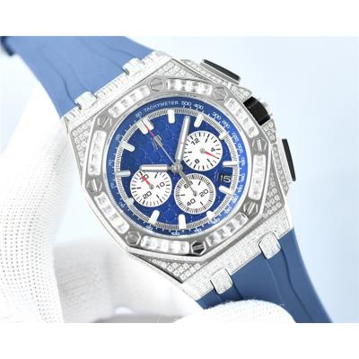 Replica Royal Oak Offshore Japan Quartz chronograph Movement Mens Watch Blue Dial Diamonds Case Rubber Strap A E229