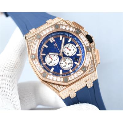 Replica Royal Oak Offshore Japan Quartz chronograph Movement Mens Watch Blue Dial Diamonds Case Rubber Strap A E229